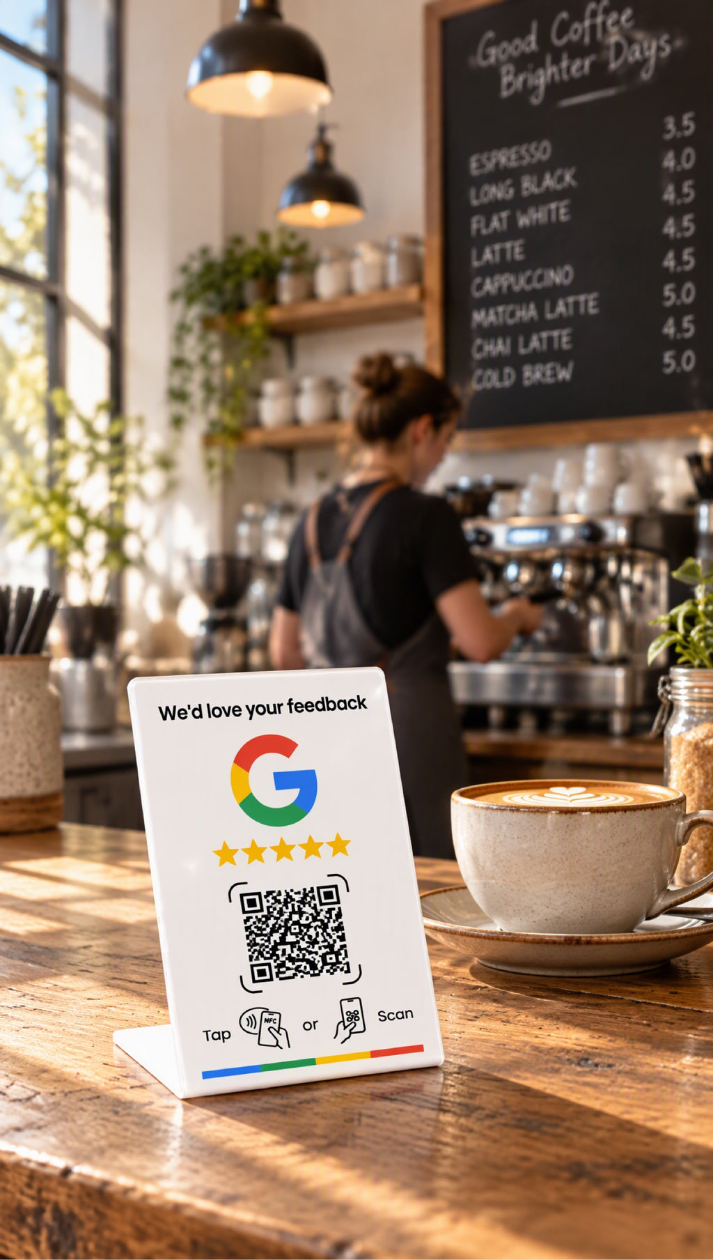 SmartRater Google review tap stand on a cafe counter