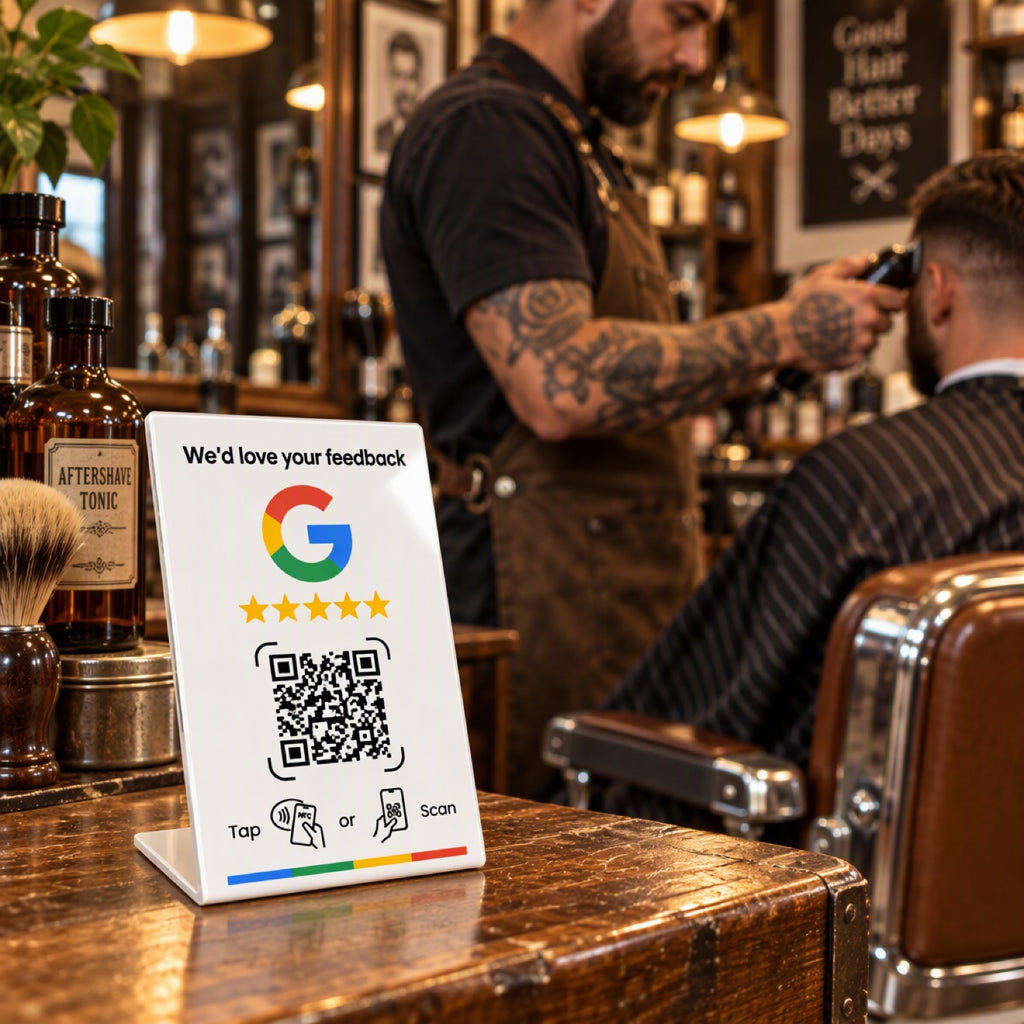 SmartRater stand in a barbershop