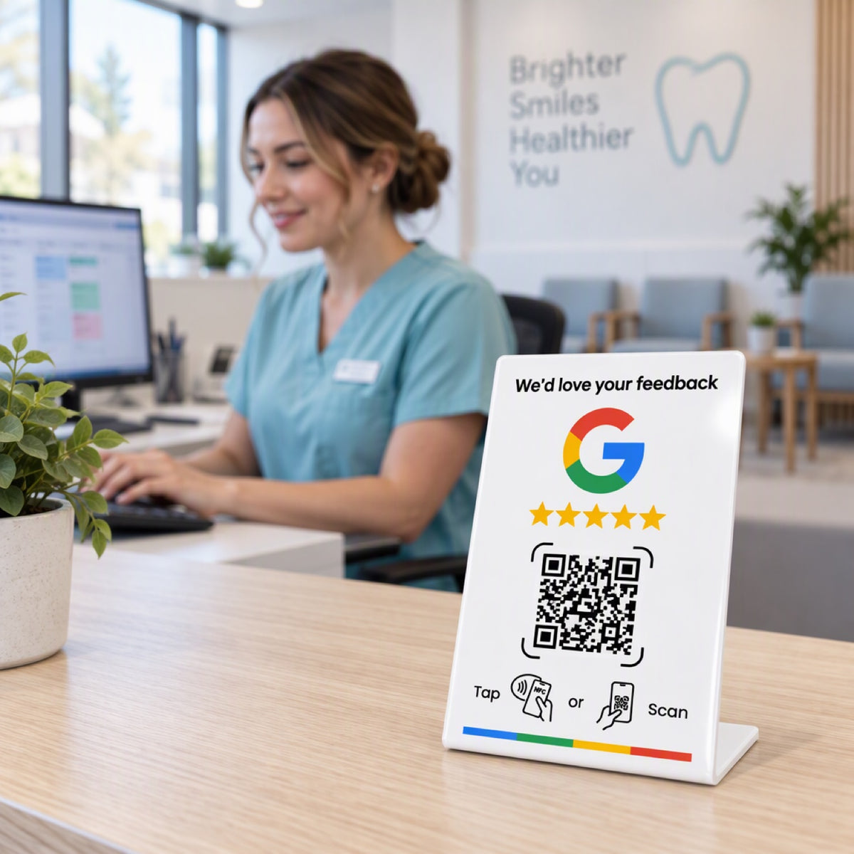 SmartRater stand at a dental clinic desk
