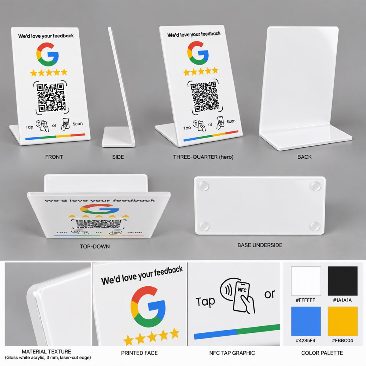 SmartRater product details: front, side and base views